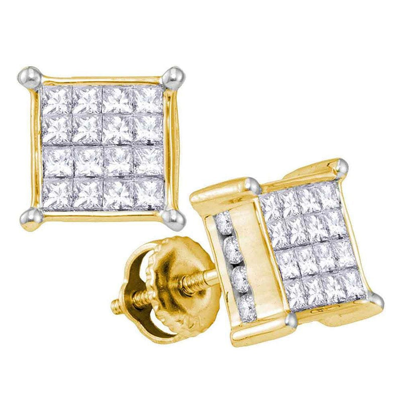 14kt Yellow Gold Womens Princess Diamond Cluster Stud Earrings 1.00 Cttw