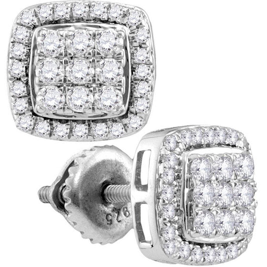 10kt White Gold Womens Round Diamond Square Cluster Screwback Earrings 1.00 Cttw