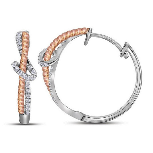 10kt White Gold Womens Round Diamond Rose-tone Rope Hoop Earrings 1/4 Cttw