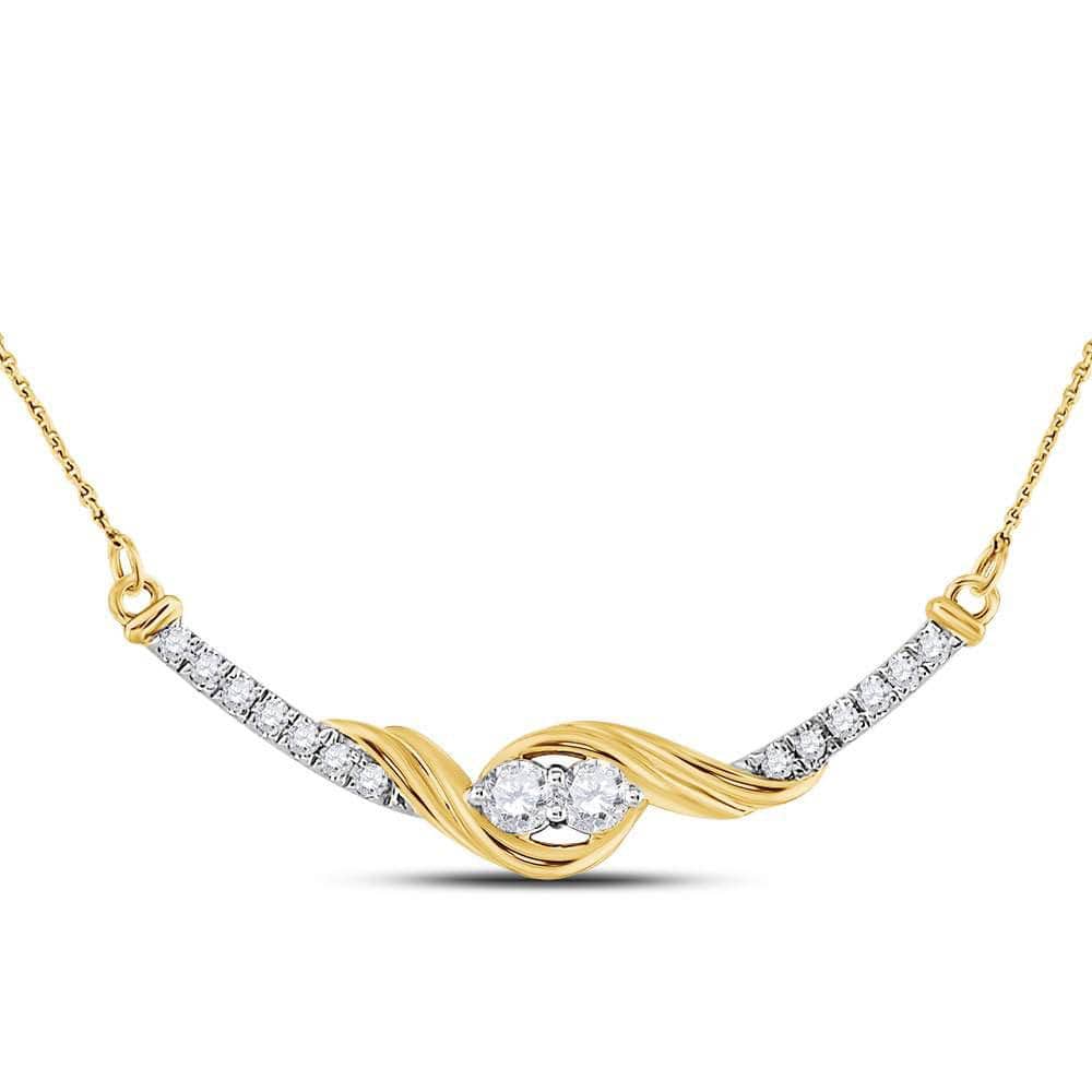 14K Yellow Gold Womens Round Diamond 2-stone Hearts Together Bar Pendant Necklace 1/3 Cttw