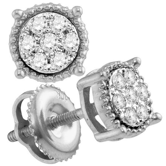 10kt White Gold Womens Round Diamond Flower Cluster Milgrain Stud Earrings 1/10 Cttw