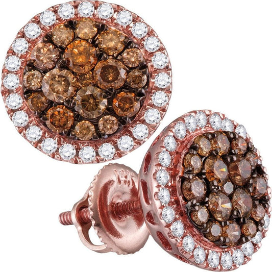 14kt Rose Gold Womens Round Cognac-brown Color Enhanced Diamond Circle Frame Cluster Earrings 1.00 Cttw
