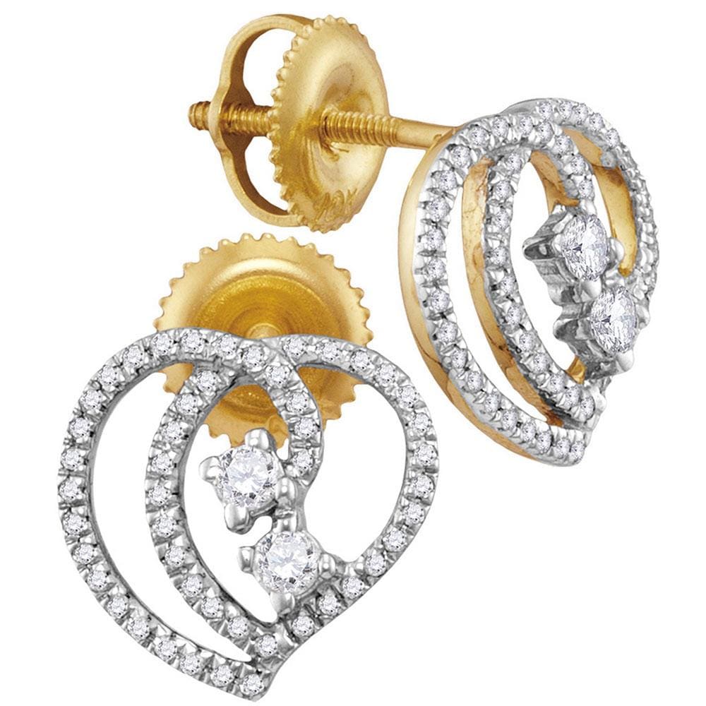 10kt Yellow Gold Womens Round Diamond 2-stone Heart Earrings 1/4 Cttw