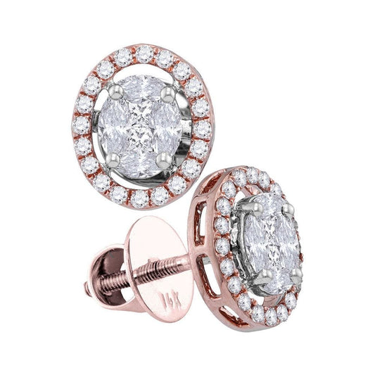 14kt Rose Gold Womens Marquise Diamond Oval Frame Cluster Stud Earrings 7/8 Cttw