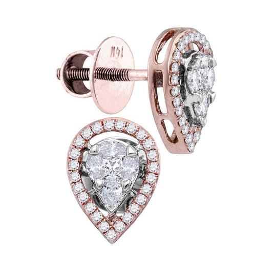 14kt Rose Gold Womens Oval Diamond Teardrop Cluster Stud Earrings 1/2 Cttw