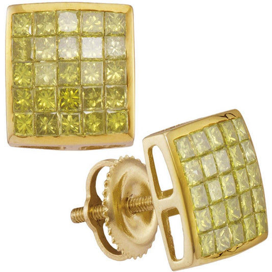 10kt Yellow Gold Mens Princess Yellow Color Enhanced Diamond Square Cluster Earrings 1.00 Cttw