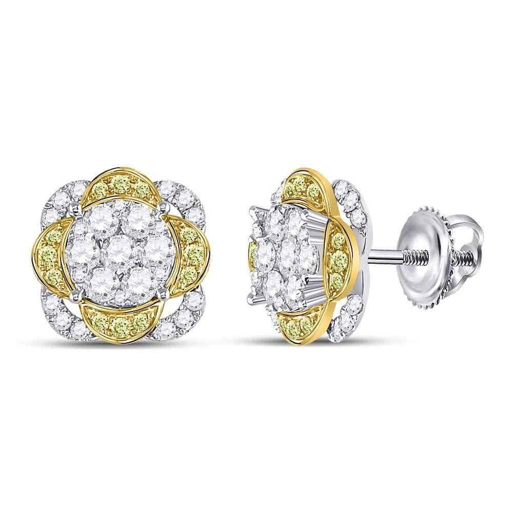 14kt White Gold Womens Round Yellow Diamond Flower Cluster Earrings 5/8 Cttw