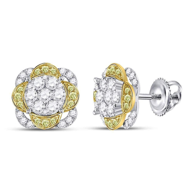 14kt White Gold Womens Round Yellow Diamond Flower Cluster Earrings 5/8 Cttw