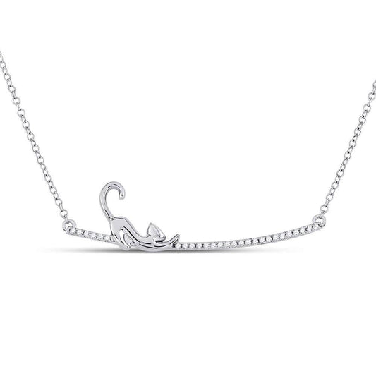 10K White Gold Womens Diamond Kitty Cat Bar Pendant Necklace 1/10 Cttw