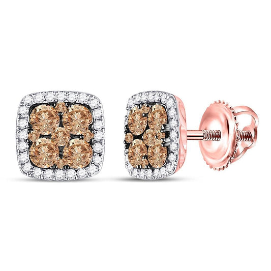14kt Rose Gold Womens Round Brown Color Enhanced Diamond Square Cluster Earrings 1.00 Cttw