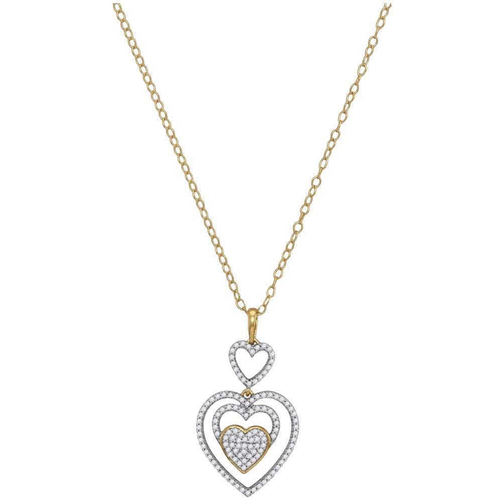 10K Yellow Gold Womens Round Diamond Triple Nested Heart Pendant Necklace 1/3 Cttw