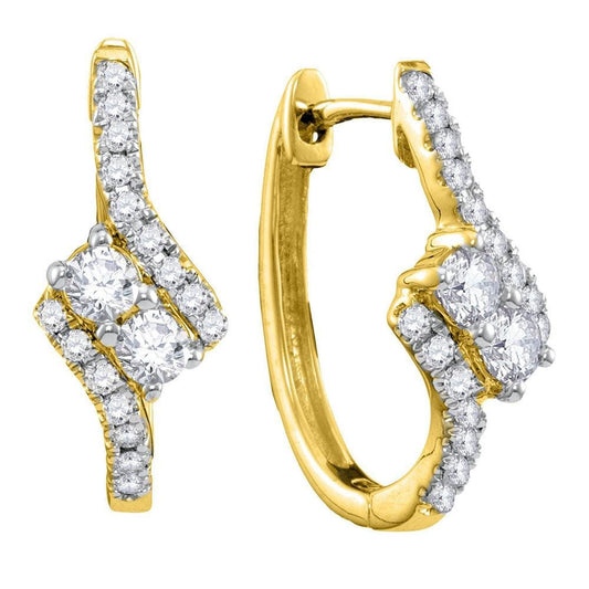14kt Yellow Gold Womens Round Diamond 2-stone Hearts Together Bypass Hoop Earrings 1/2 Cttw