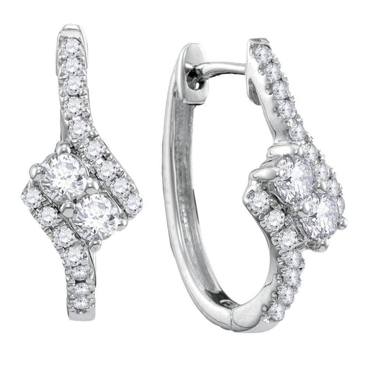 14kt White Gold Womens Round Diamond 2-stone Hearts Together Bypass Hoop Earrings 1/2 Cttw