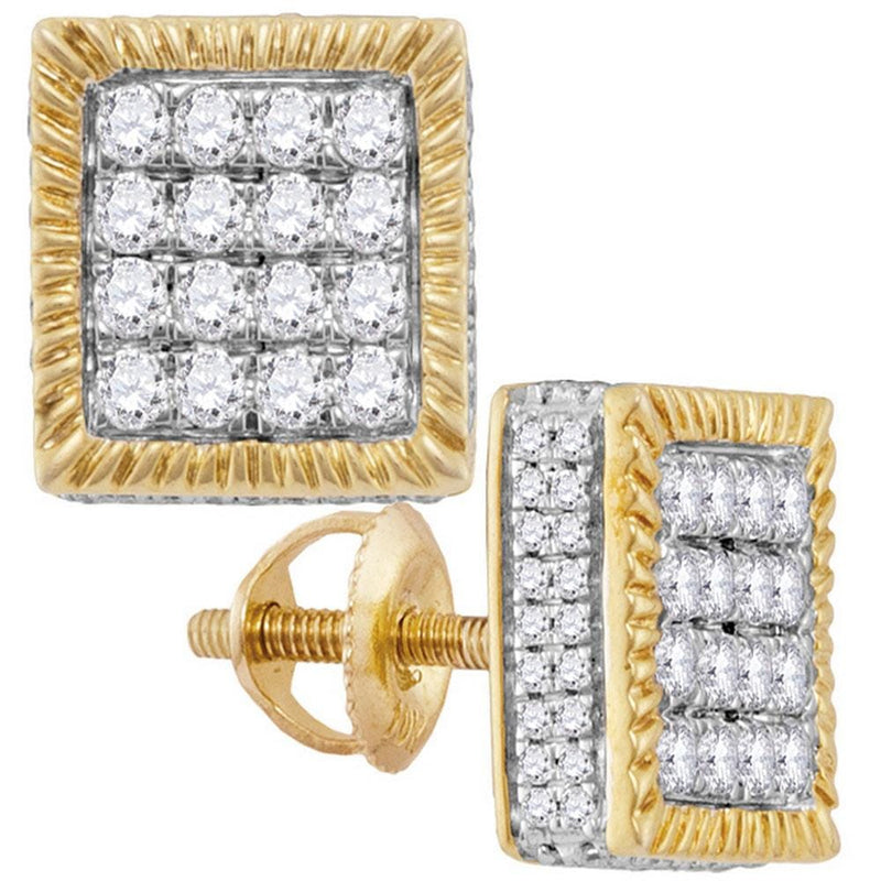 10kt Yellow Gold Mens Round Diamond Square 3D Cluster Stud Earrings 1.00 Cttw