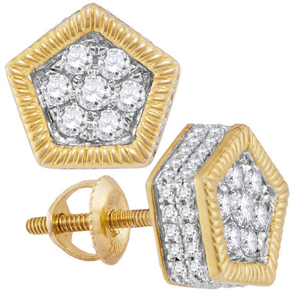 10kt Yellow Gold Mens Round Diamond Polygon Fluted Cluster Stud Earrings 7/8 Cttw