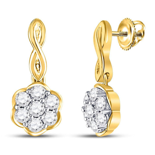 10kt Yellow Gold Womens Round Diamond Flower Cluster Dangle Earrings 1/2 Cttw