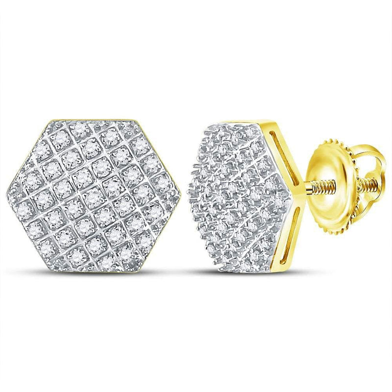 10kt Yellow Gold Mens Round Diamond Hexagon Cluster Stud Earrings 1/5 Cttw