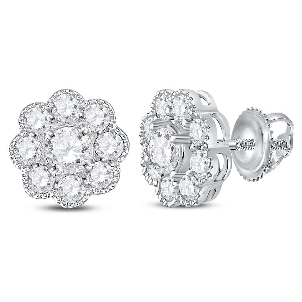 14kt White Gold Womens Round Diamond Flower Cluster Stud Earrings 1.00 Cttw