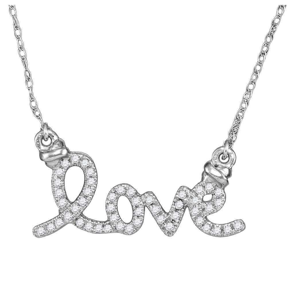 10K White Gold Womens Round Diamond Cursive Love Pendant Necklace 1/8 Cttw