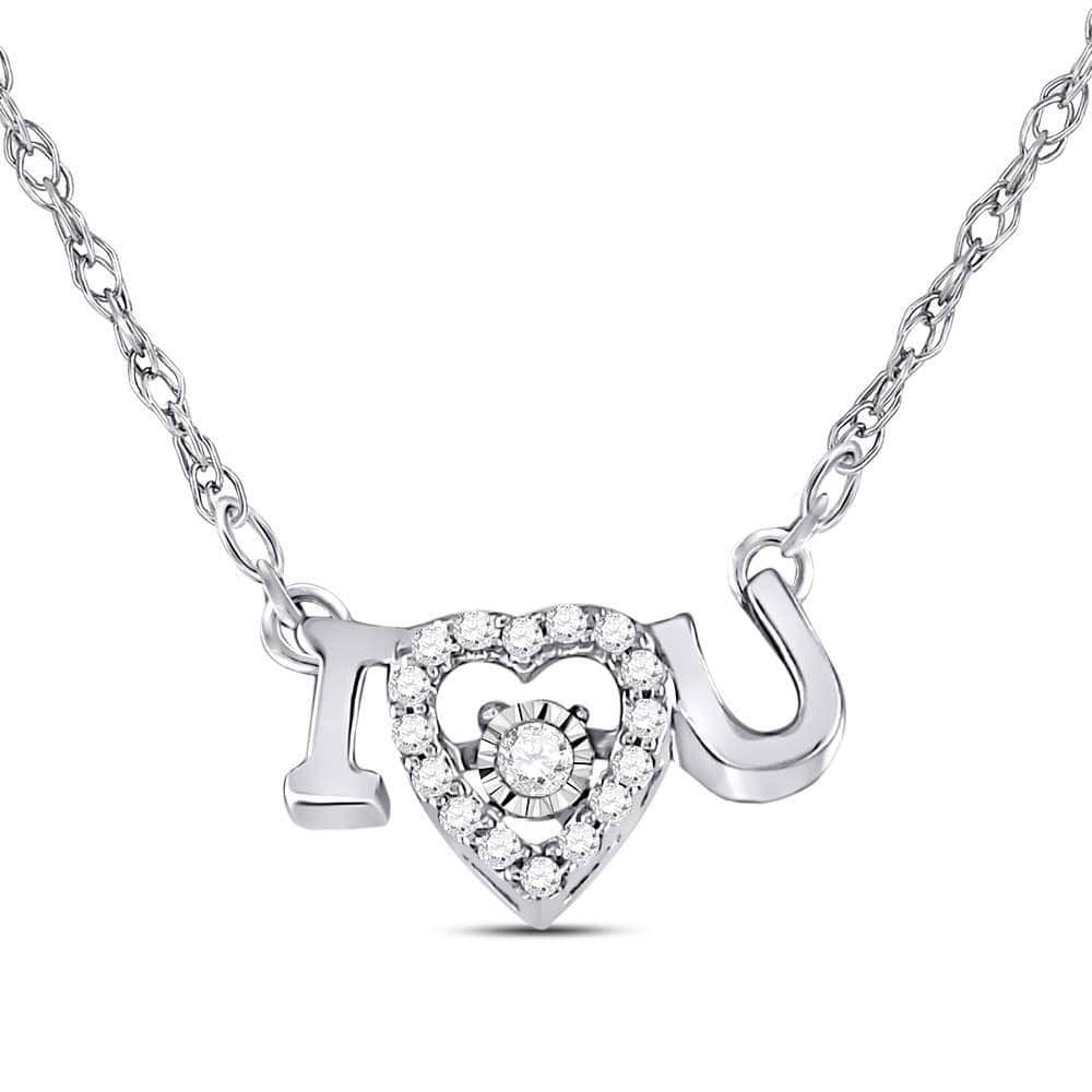 14K White Gold Womens Round Diamond I Love U Heart Pendant Necklace 1/10 Cttw