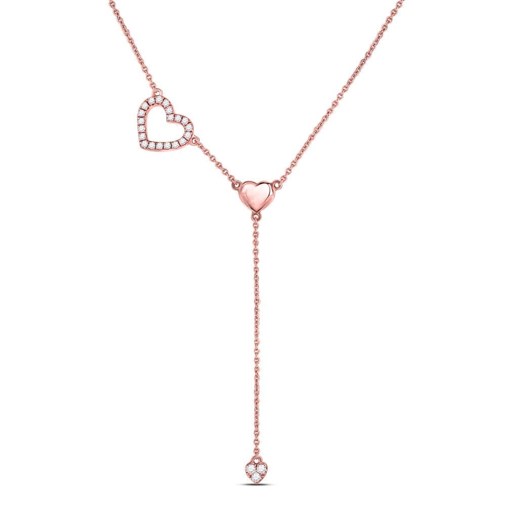 14K Rose Gold Womens Round Diamond Heart Drop Pendant Necklace 1/6 Cttw