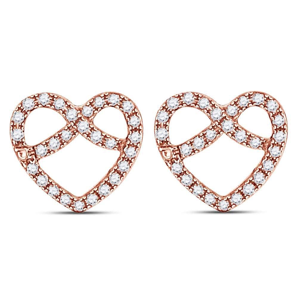 14kt Rose Gold Womens Round Diamond Pretzel Heart Stud Earrings 1/6 Cttw