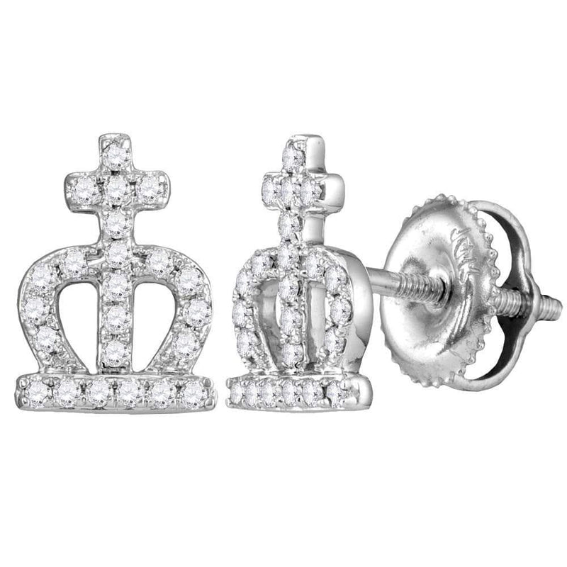 14kt White Gold Womens Round Diamond Crown Cross Stud Earrings 1/5 Cttw
