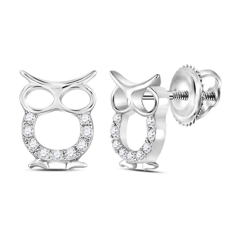 Sterling Silver Womens Round Diamond Owl Animal Stud Earrings 1/6 Cttw