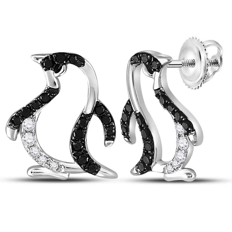 14kt White Gold Womens Round Black Color Enhanced Diamond Penguin Stud Earrings 1/4 Cttw