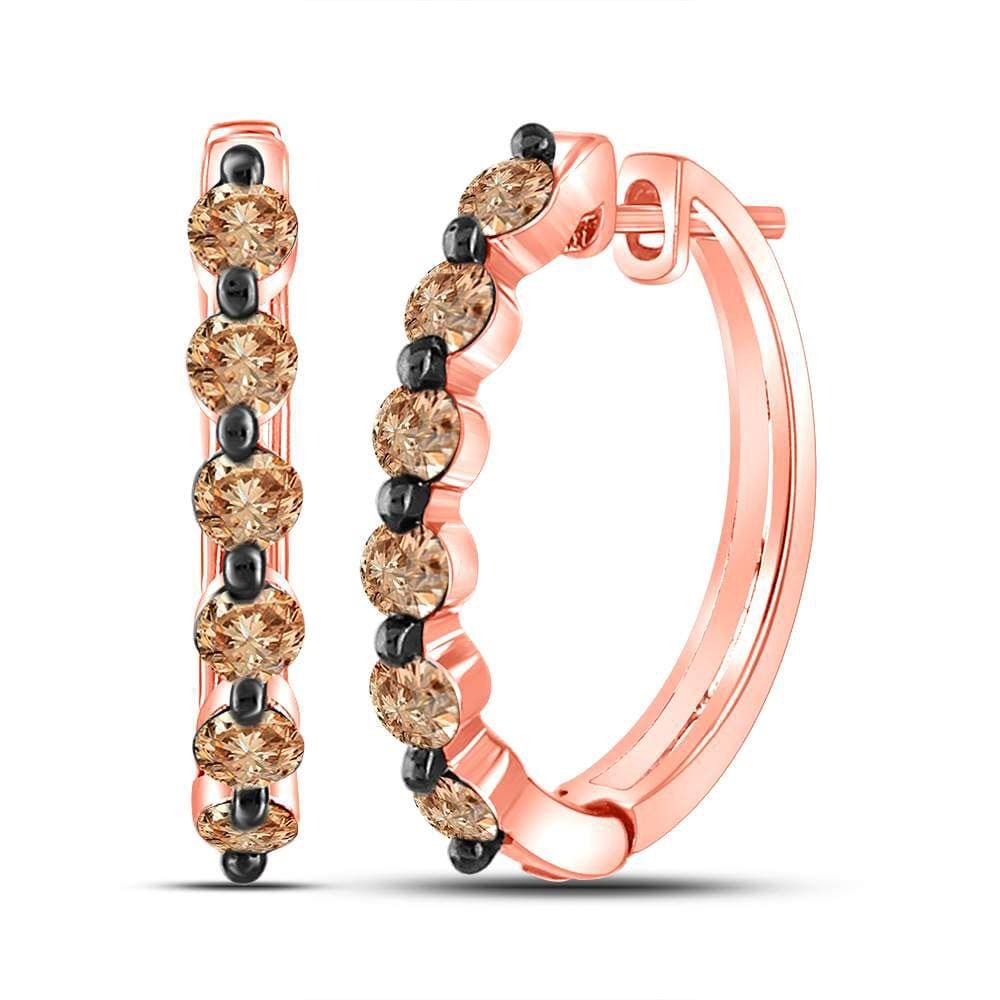 14kt Rose Gold Womens Round Brown Color Enhanced Diamond Hoop Earrings 1.00 Cttw