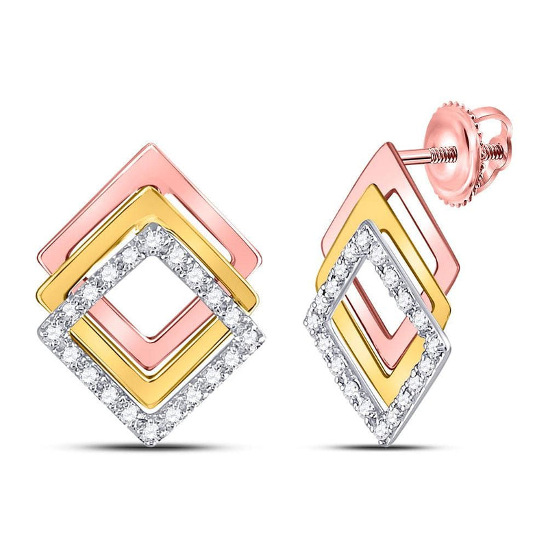 10kt Tri-Tone Gold Womens Round Diamond Diagonal Square Stud Earrings 1/6 Cttw
