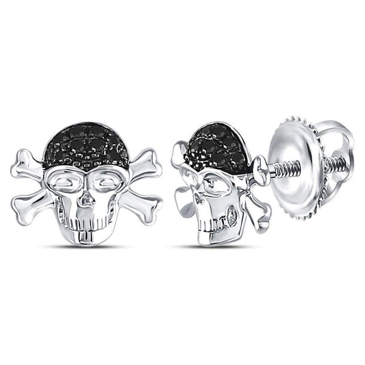 Sterling Silver Mens Round Black Color Enhanced Diamond Pirate Skull Crossbones Earrings 1/10 Cttw