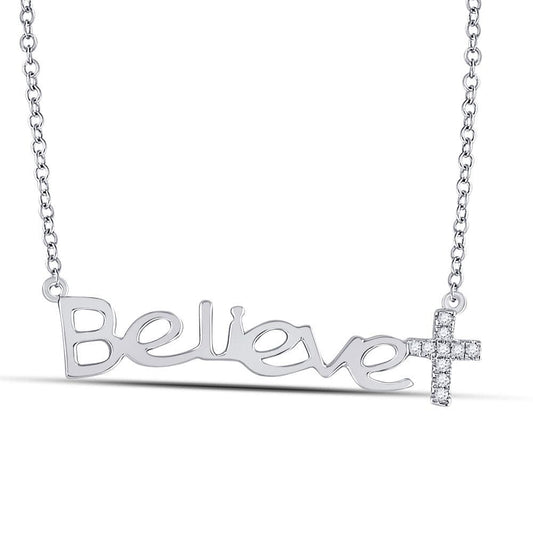 10K White Gold Womens Round Diamond Believe Cross Necklace 1/20 Cttw