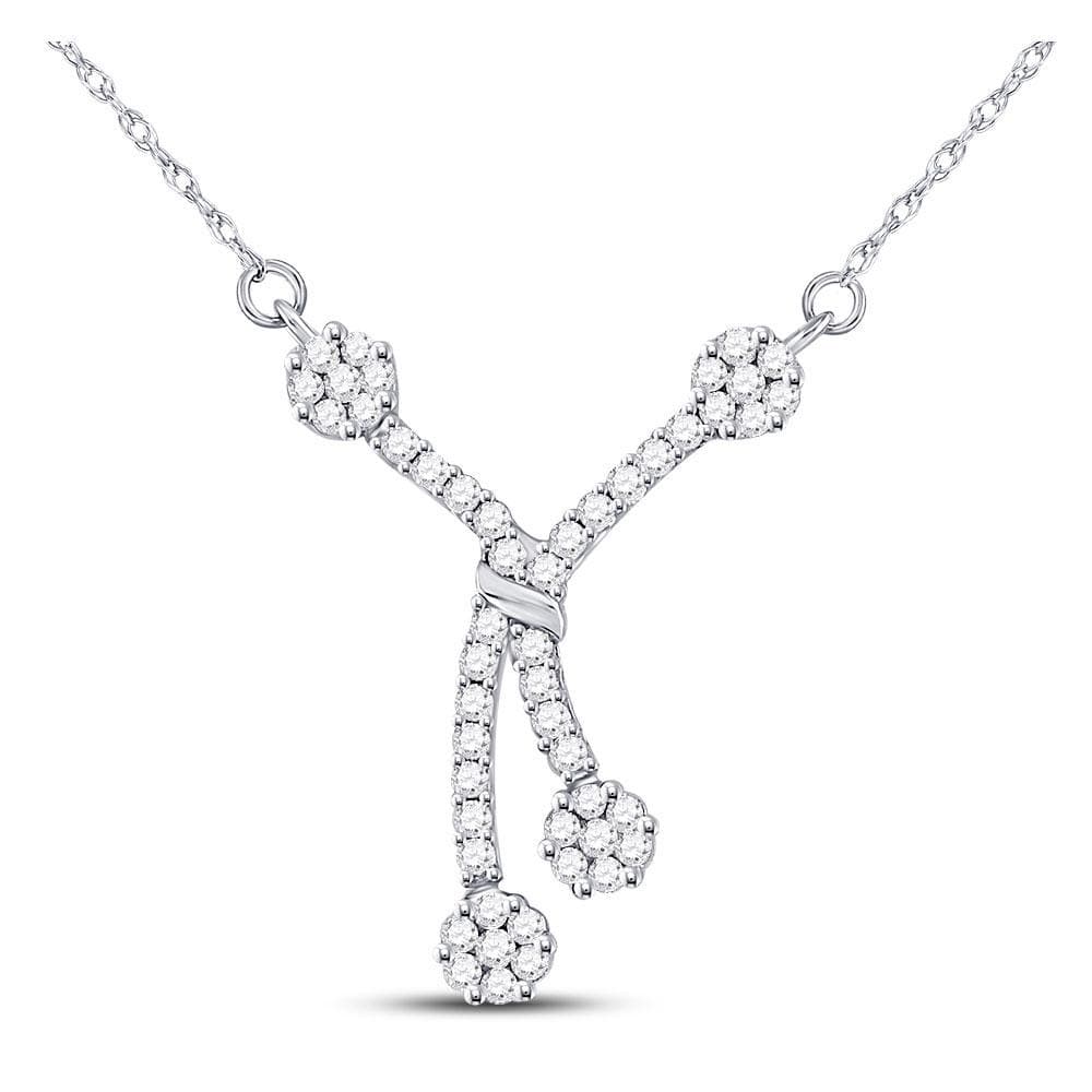 14K White Gold Womens Round Diamond Dangle Flower Cluster Fashion Necklace 1/2 Cttw