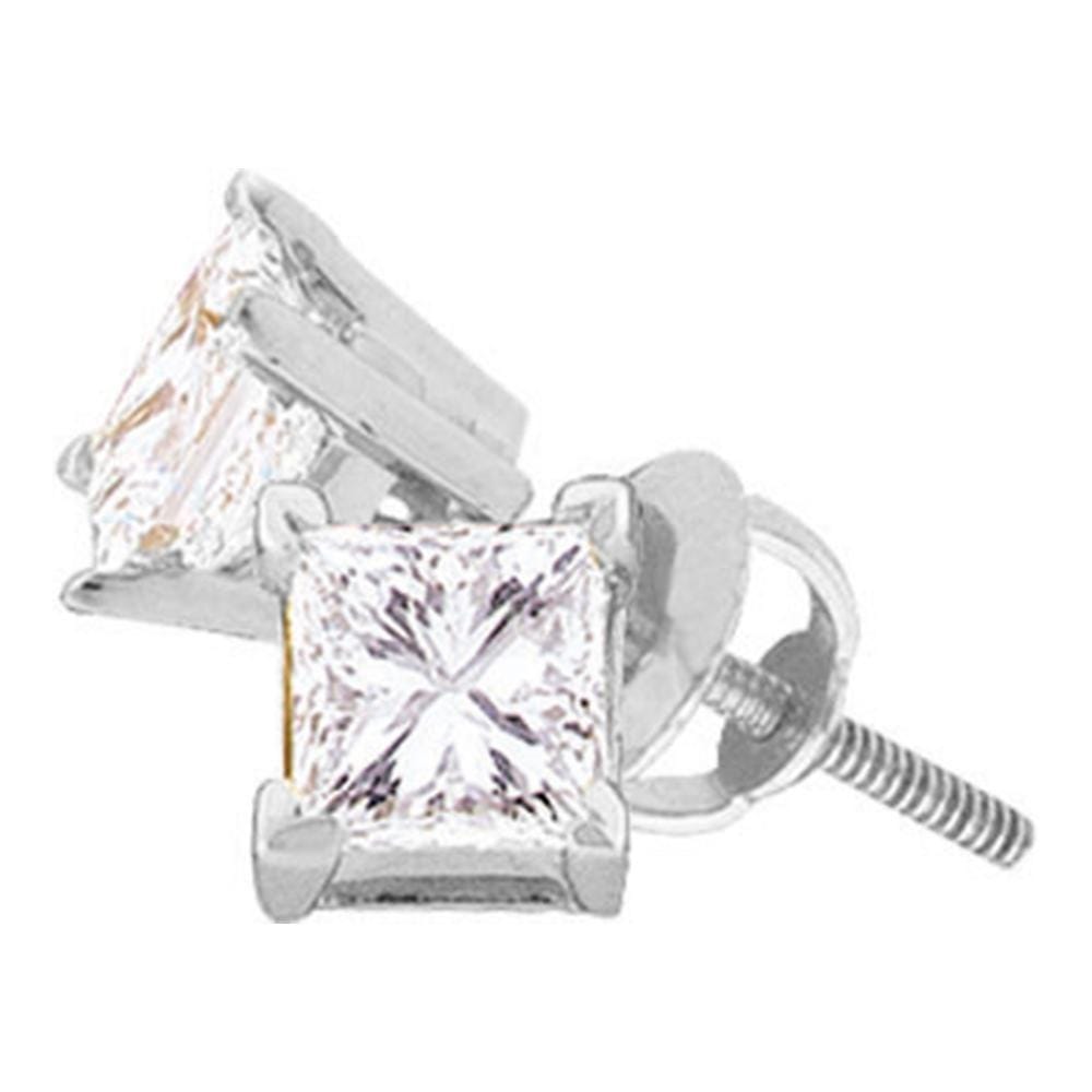14kt White Gold Unisex Princess Diamond Solitaire Stud Earrings 7/8 Cttw