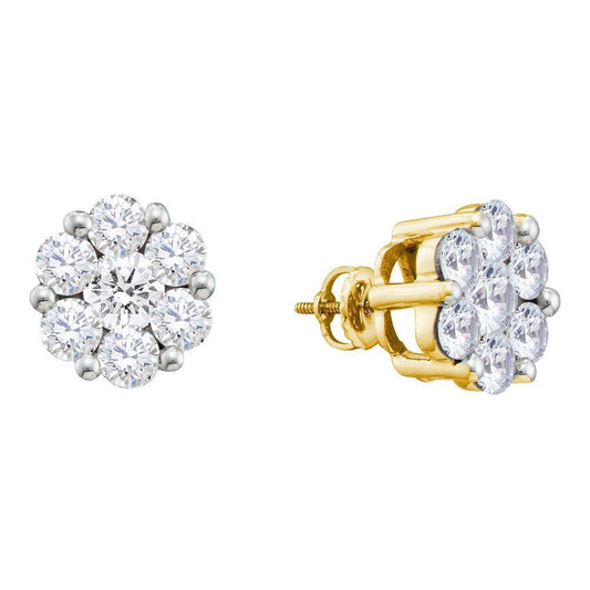 14kt Yellow Gold Womens Round Diamond Large Flower Cluster Stud Earrings 1-1/2 Cttw