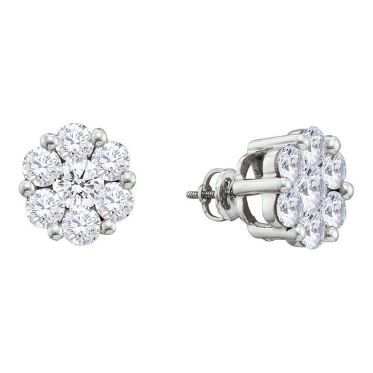 14kt White Gold Womens Round Diamond Large Flower Cluster Stud Earrings 1-1/2 Cttw