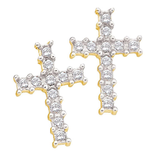 10kt Yellow Gold Womens Round Diamond Roman Cross Religious Stud Earrings 1/10 Cttw