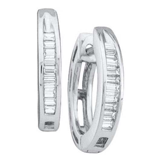 14kt White Gold Womens Baguette Diamond Huggie Earrings 1/6 Cttw