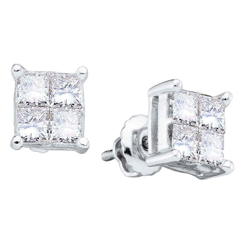 14kt White Gold Womens Princess Diamond Square Cluster Stud Earrings 1.00 Cttw
