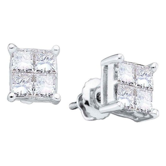 14kt White Gold Womens Princess Diamond Invisible-set Screwback Stud Earrings 1/2 Cttw