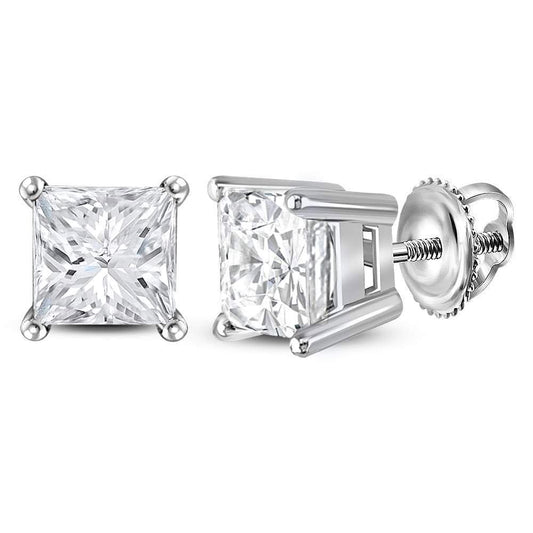 14kt White Gold Unisex Princess Diamond Solitaire Stud Earrings 1-3/8 Cttw