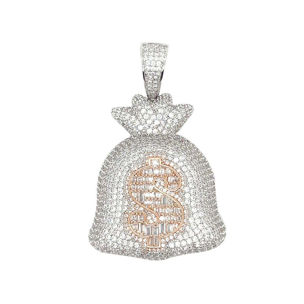 925 Sterling Silver Iced Out Money Bag Pendant