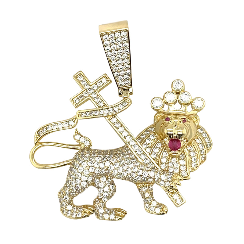 18K Gold Plated Iced Out Lion Cross Brass Pendant