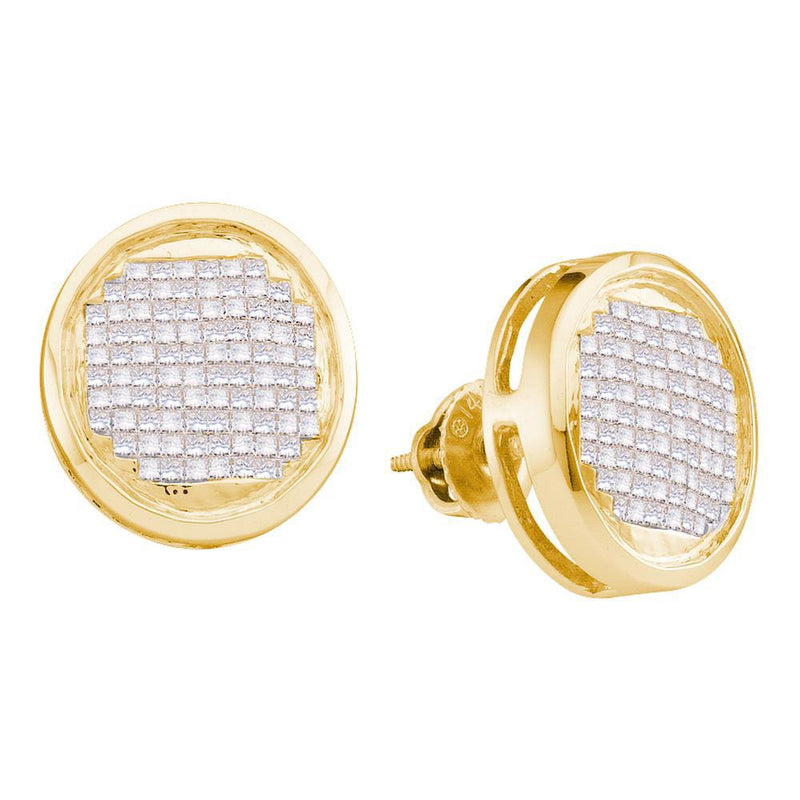14kt Yellow Gold Womens Princess Diamond Circle Cluster Stud Earrings 1.00 Cttw