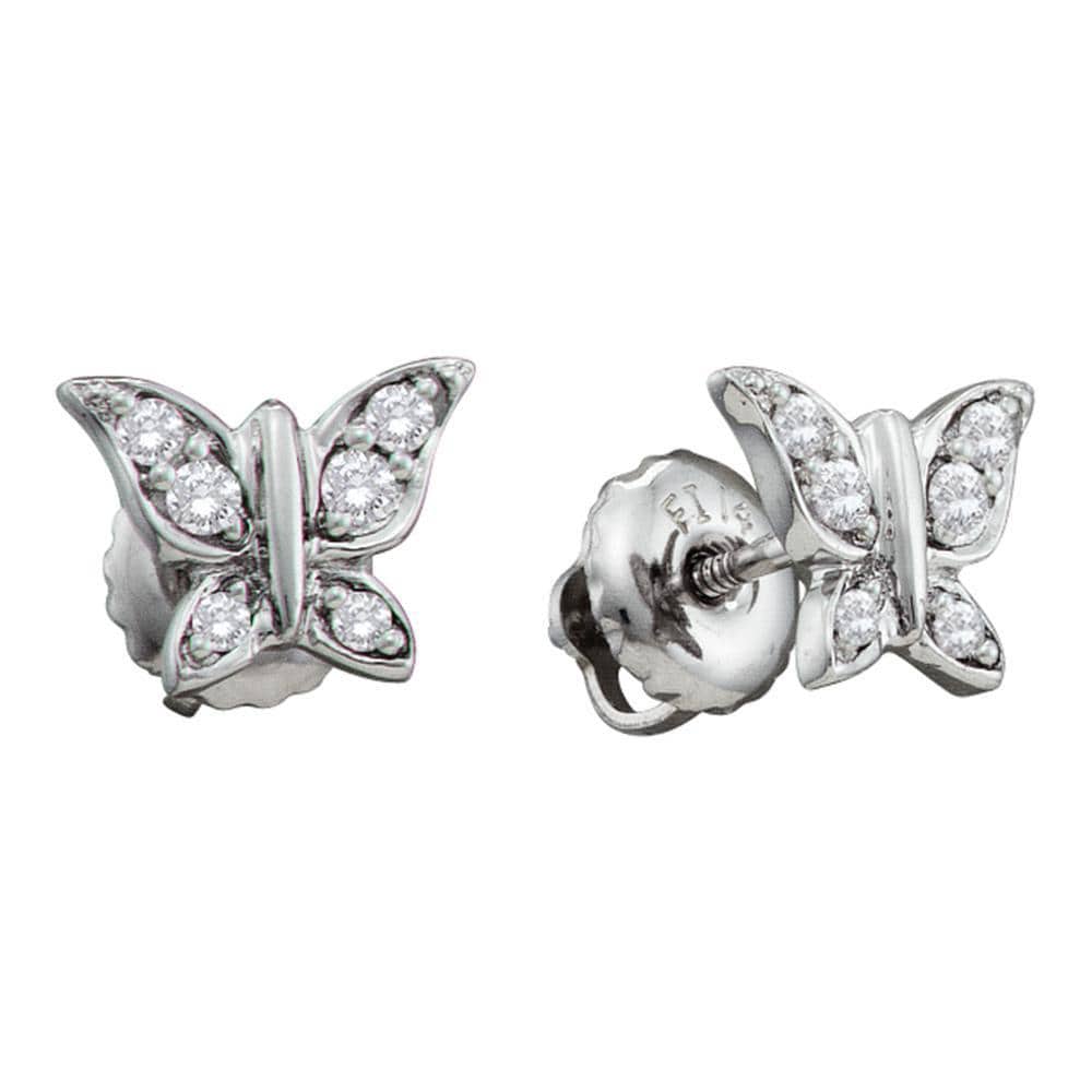 14kt White Gold Womens Round Diamond Butterfly Bug Screwback Stud Earrings 1/8 Cttw
