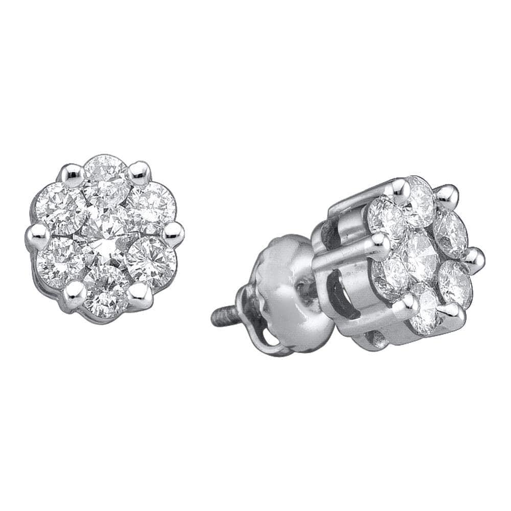 14k White Gold Womens Round Diamond Flower Cluster Stud Earrings 1.00 Cttw