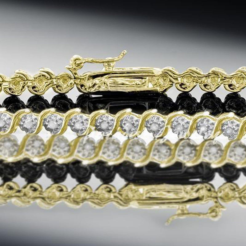 14K Yellow Gold Finish 1/2 CTW Diamond S-Link Love Tennis Bracelet 7.5" Inches, Bracelets, Jawa Jewelers, Jawa Jewelers