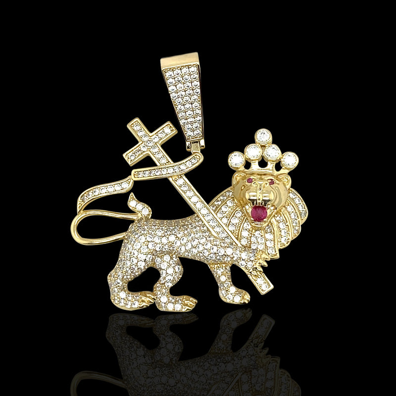 18K Gold Plated Iced Out Lion Cross Brass Pendant