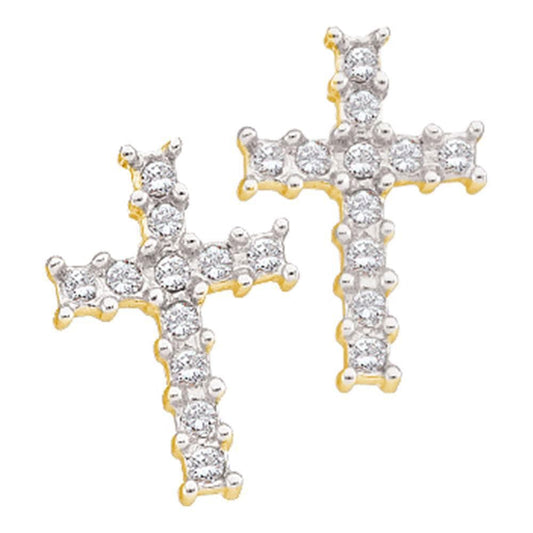 14kt Yellow Gold Womens Round Diamond Roman Cross Religious Stud Earrings 1/10 Cttw